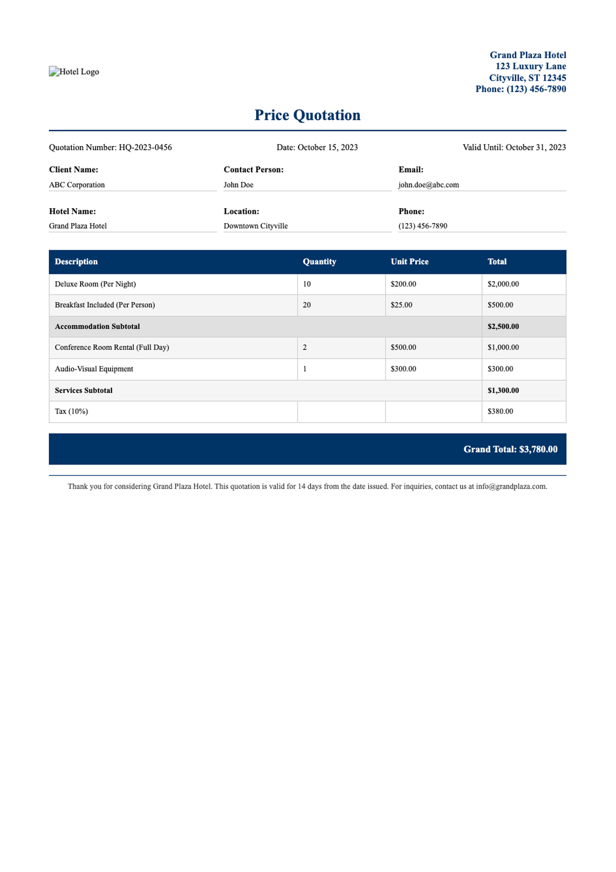 Professional hotel price quote template with blue header and itemized pricing_variant_3